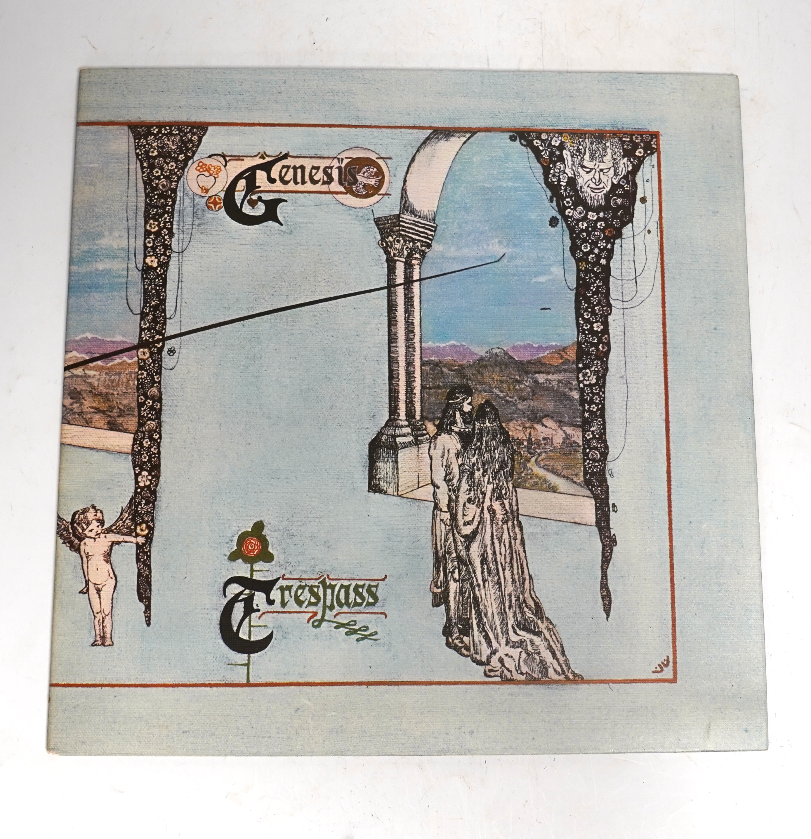 Genesis; Trespass LP record album, on pink scroll Charisma label, CAS.1020, with inner lyric sheet and textured gatefold cover